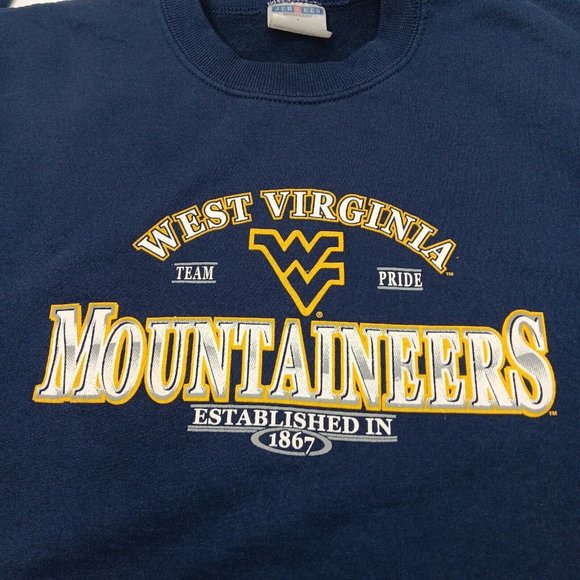 WVU West Virginia University Mountaineers L Sweatshirt Blue Crew Neck Jerzees - Picture 2 of 10